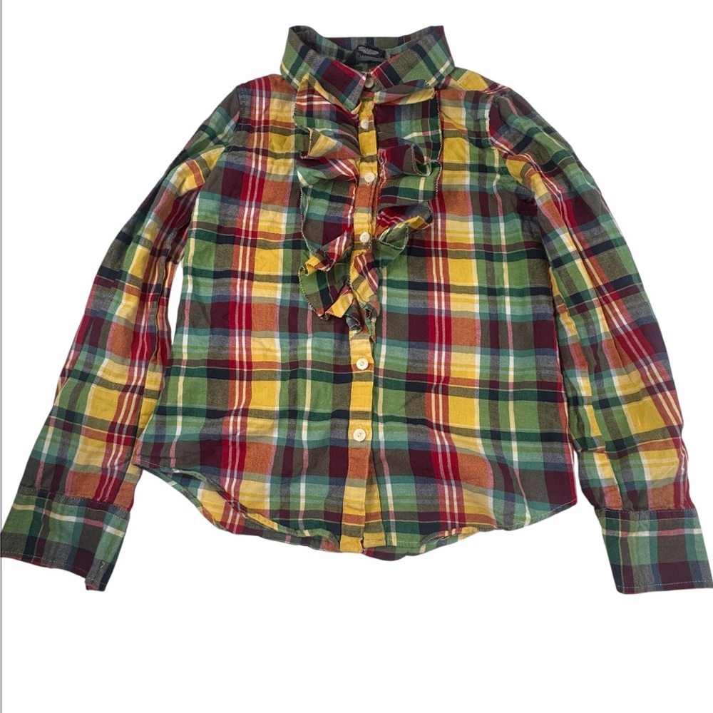 Ralph Lauren Shirt Girls Size 7 Yellow Cotton Plaid Ruffles Long Sleeve Preppy